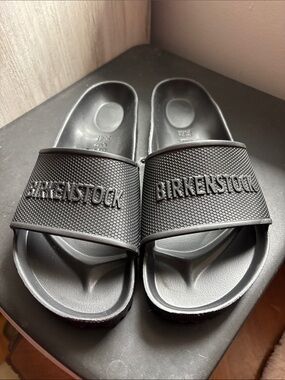 Birkenstock Black Slide Sandals with Embossed Strap Brand New